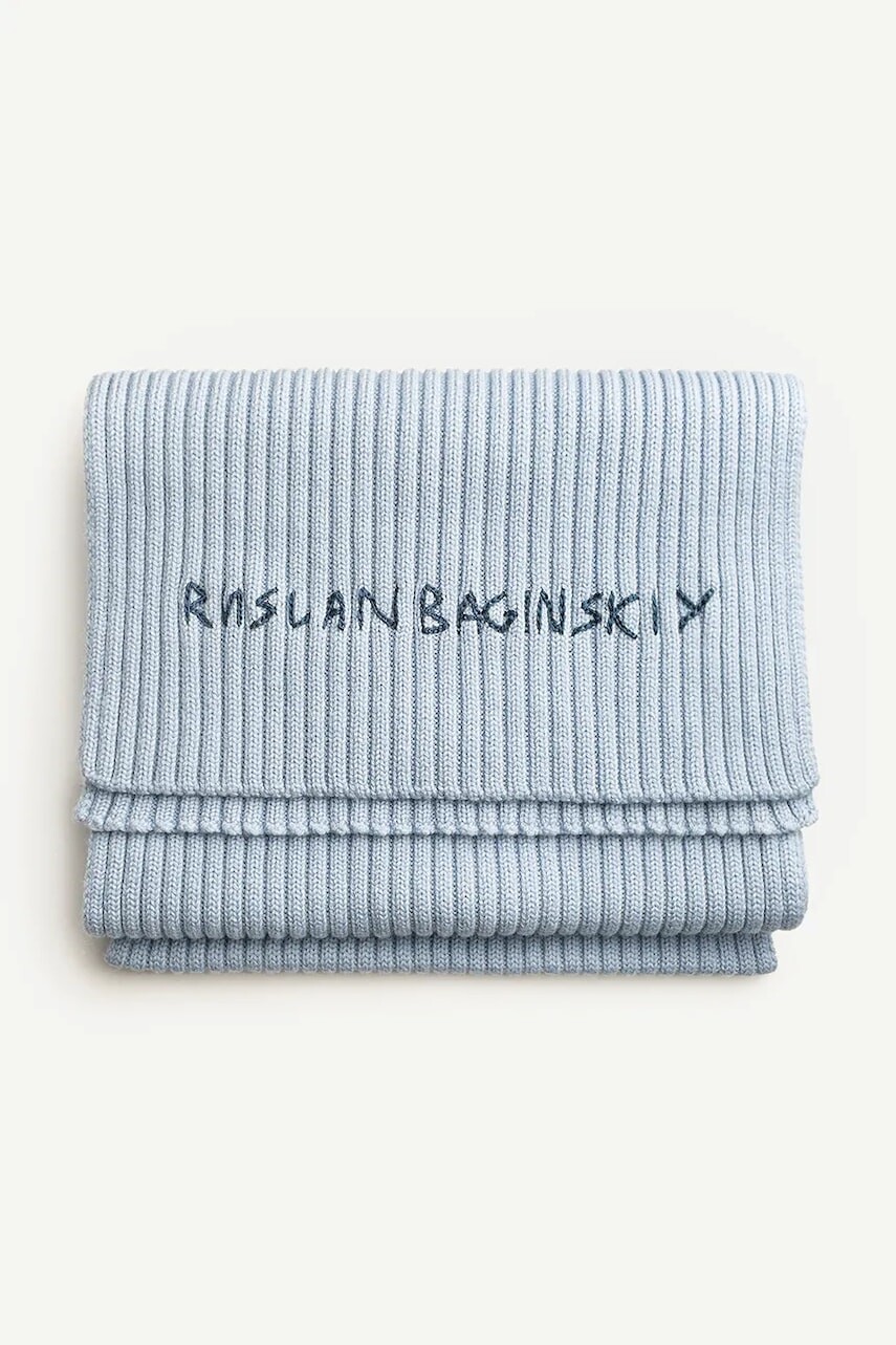 Vlnený šál Ruslan Baginskiy modrá farba, s nášivkou, SKR075/077-MW-FL-CD24