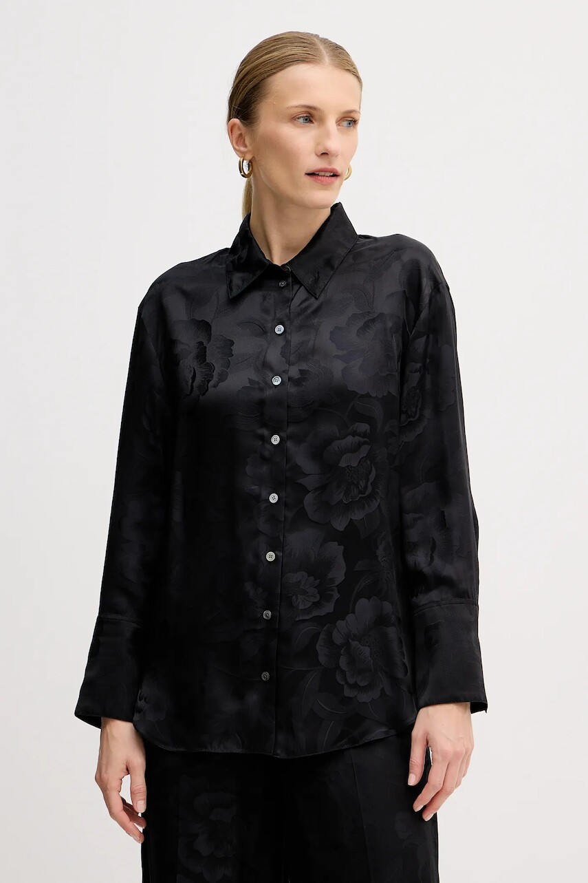 Hodvábna košeľa Kenzo dámska, čierna farba, regular, s klasickým golierom, FF52CH2549JR.99