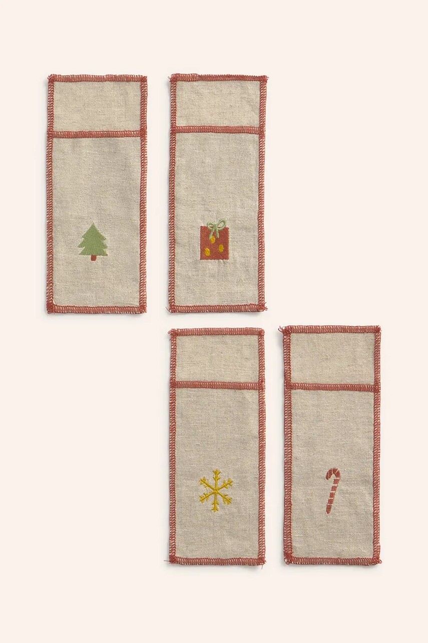 Sada vianočných ľanových obliečok na príbory Calma House Joy 21 x 8 cm 4-pak viac farieb