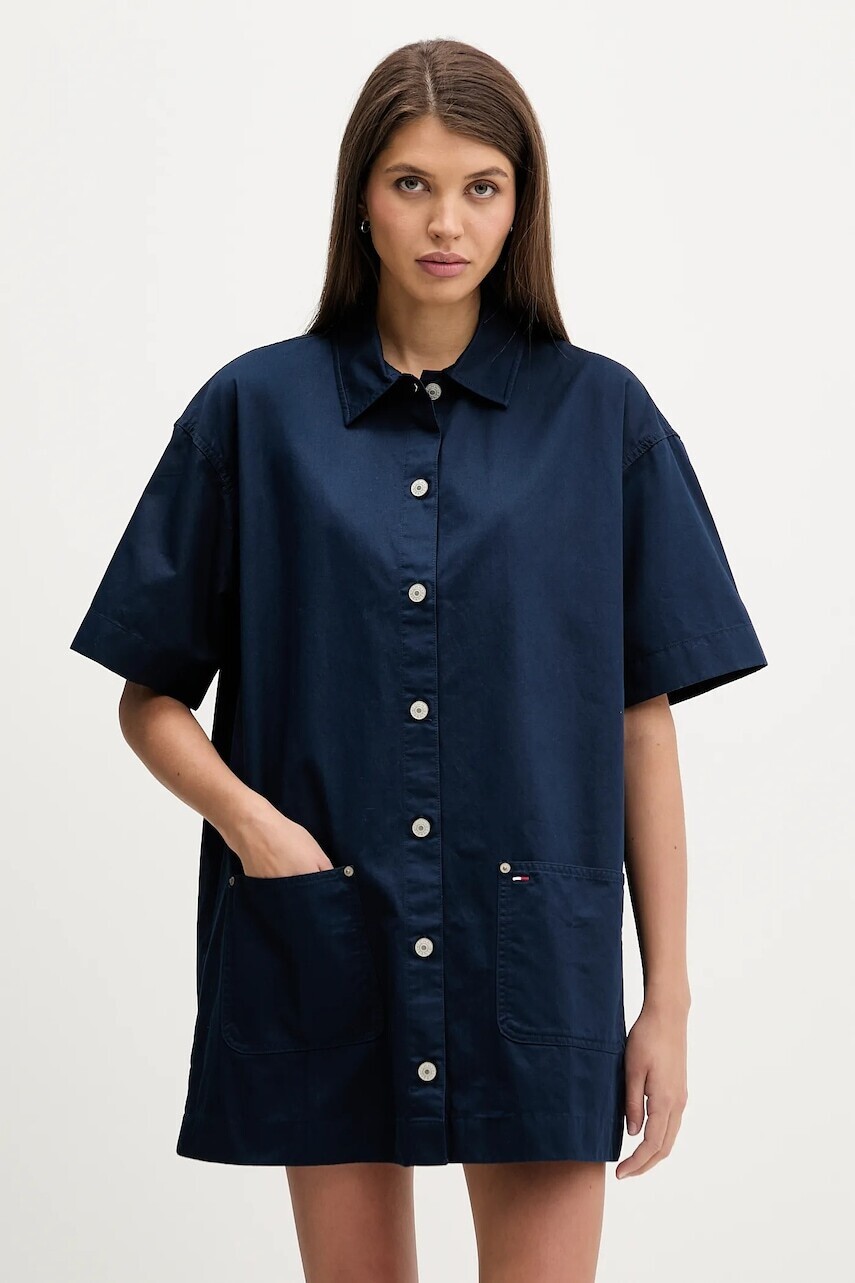 Bavlnené šaty Tommy Jeans tmavomodrá farba, mini, oversize, DW0DW22531