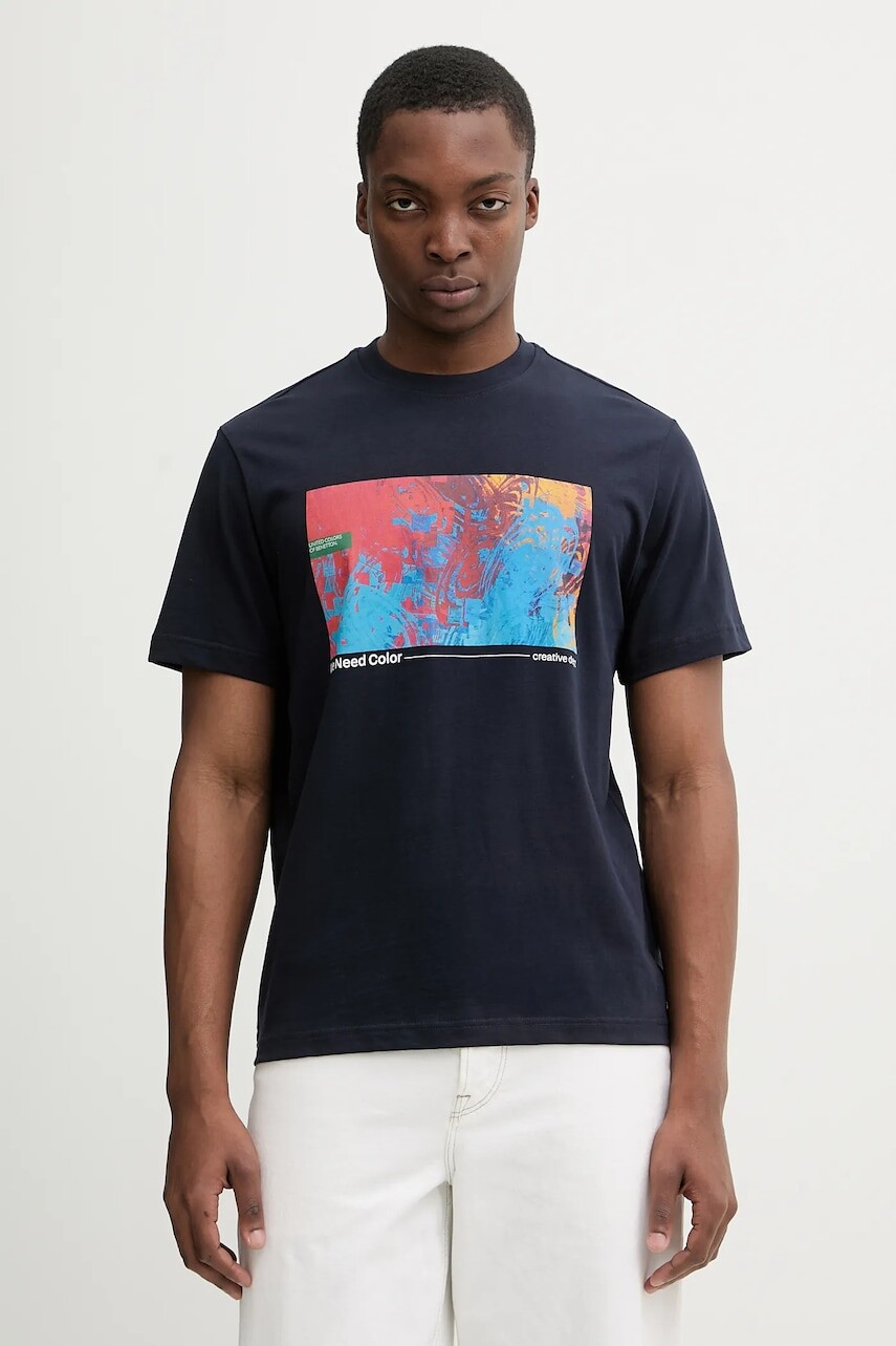 Bavlnené tričko United Colors of Benetton pánske, tmavomodrá farba, s potlačou, 3MI5U10BG