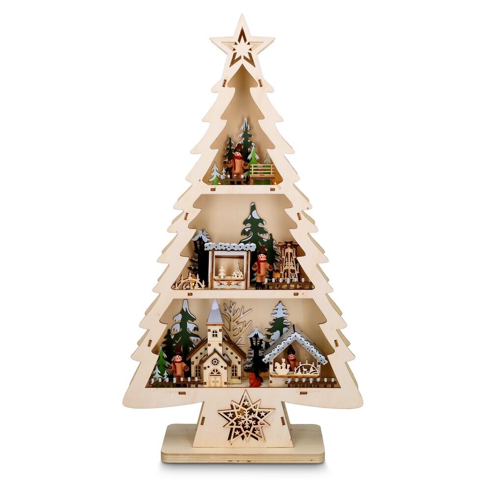 Solight LED drevený vianočný stromček s dekoráciami, 13x LED, 53 cm, 2x AA