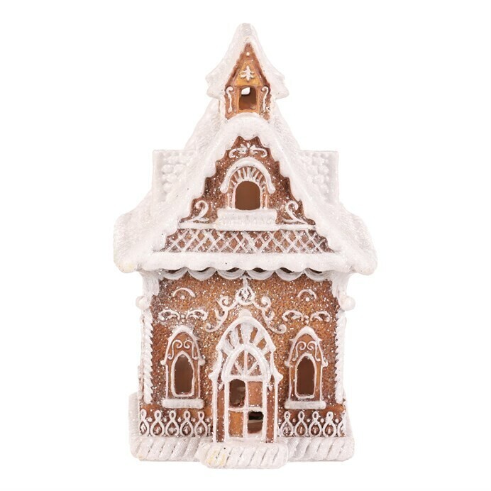 Vianočná dekorácia Perníkový domček so zasneženou strechou, polyresin, LED, hnedá