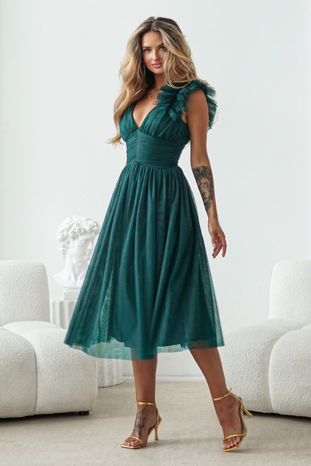 Warsaw Dress Smaragdové tylové midi šaty Veľkosť: XS