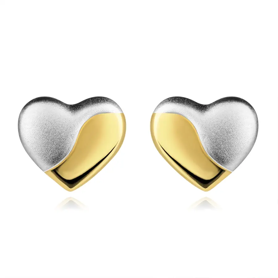 Zlaté náušnice 585 dvojfarebné srdcia s matnou glazúrou