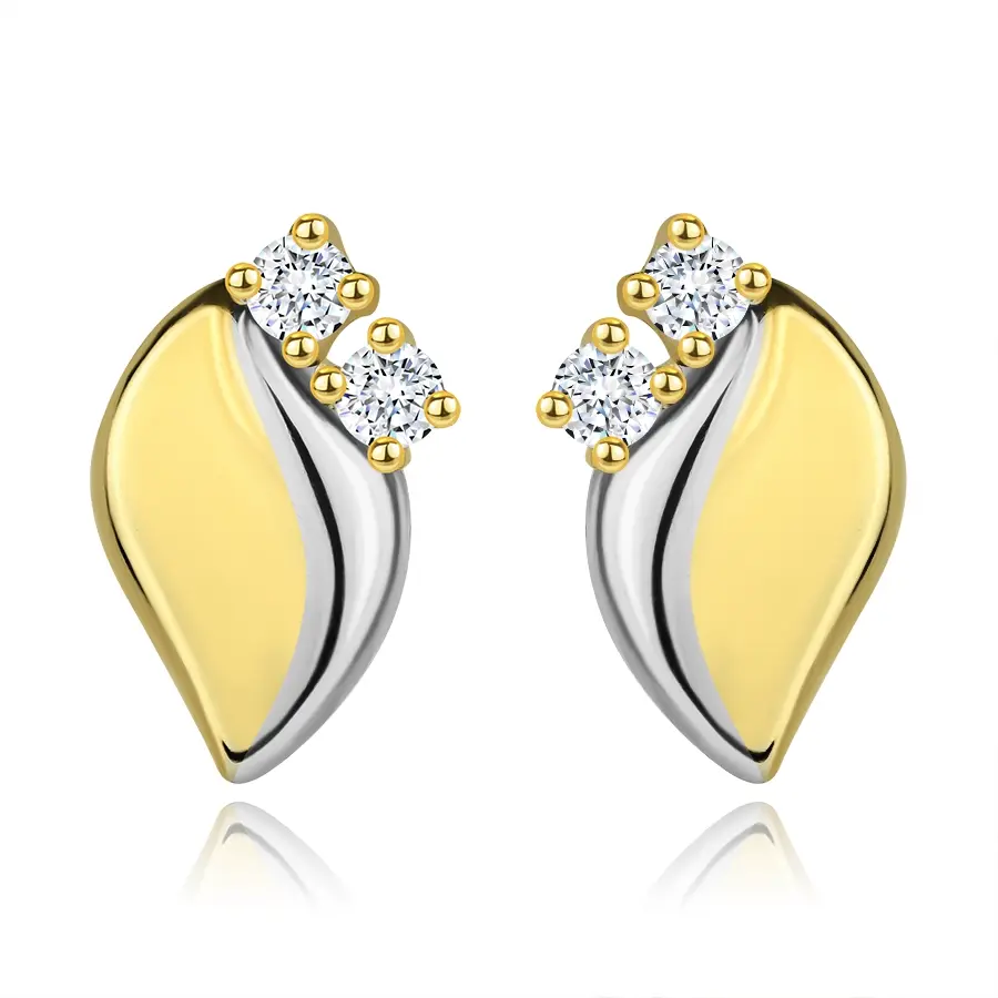 Zlaté náušnice 14K v tvare listu s dvoma čírymi zirkónmi