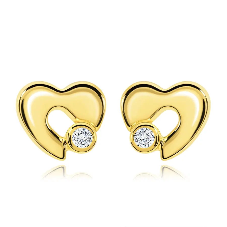 Zlaté náušnice 14K asymetrické srdce s čírym zirkónom