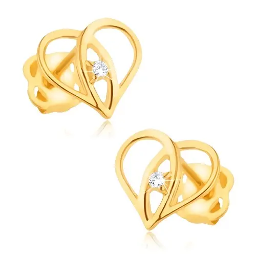Zlaté náušnice 9K – kontúra srdca s prekrývajúcimi sa líniami a zirkónom