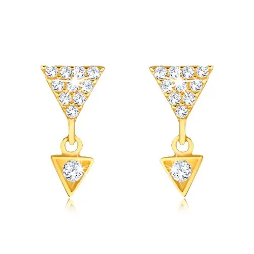 Zlaté náušnice 9K – dvojitý zirkónový trojuholník