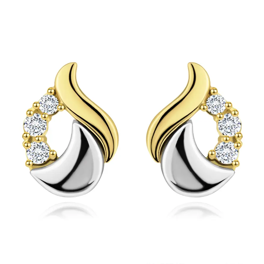 Zlaté náušnice 9K slza z bieleho a žltého zlata so zirkónmi