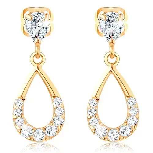 Zlaté visiace náušnice 9K so zirkónovou slzou a oblúkom