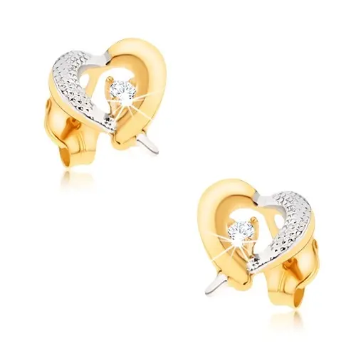 Zlaté náušnice 9K - žlto-biely obrys srdca so zirkónom
