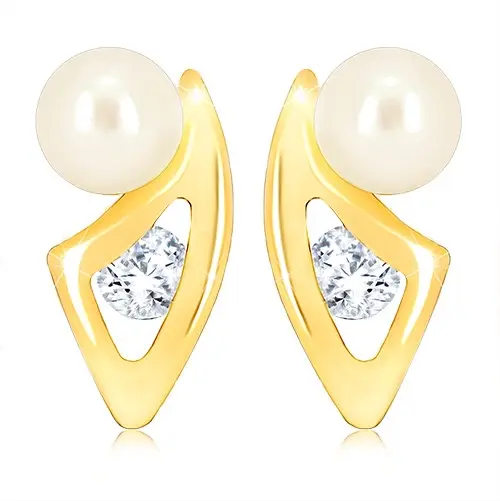 Zlaté 9K náušnice zakrivený trojuholník so zirkónom a bielou guličkou