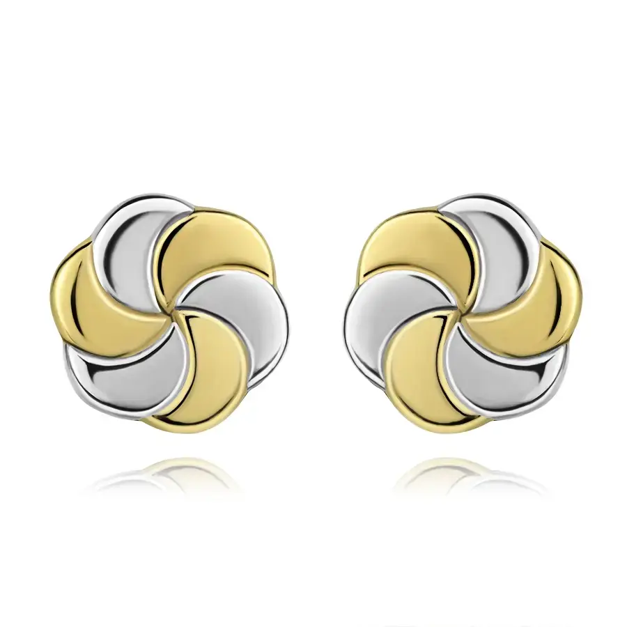 Zlaté 9K náušnice dvojfarebný kvet s gravírovanými lupeňmi