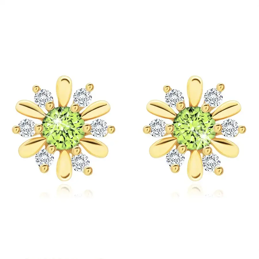 Zlaté náušnice 9K kvet so zeleným olivínom a čírymi zirkónmi