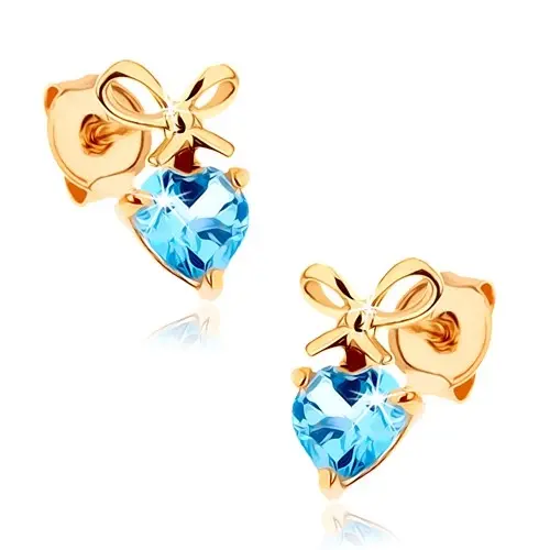 Zlaté náušnice 9K modrý topás v tvare srdca s mašľou