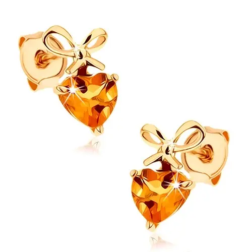 Zlaté náušnice 9K srdce s citrínom a mašľou