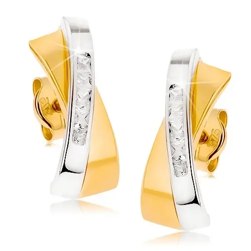 Zlaté náušnice 9K kombinované zlato, prekrížené línie so zirkónmi