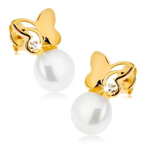 Zlaté náušnice 9K s motýľom, bielou guľôčkou a čírym zirkónom