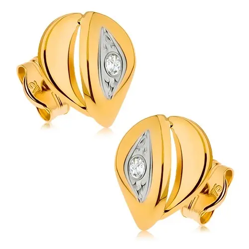 Zlaté náušnice 9K v tvare dvojitej slzy s čírym zirkónom