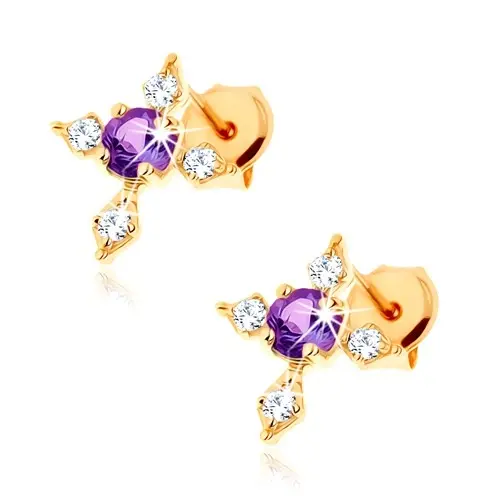 Zlaté náušnice 9K kríž s ametystom a čírymi zirkónmi