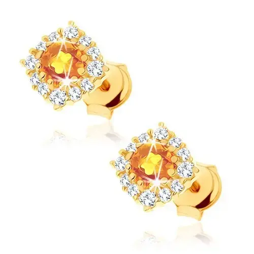 Zlaté náušnice 9K citrín s čírym zirkónovým lemom