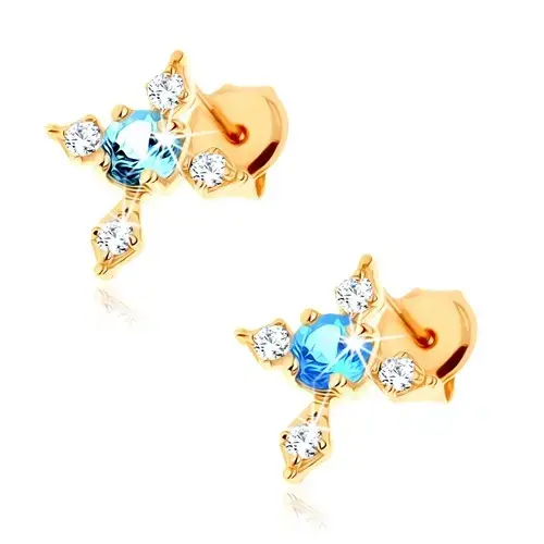Zlaté puzetové náušnice 9K kríž s modrým topásom a čírymi zirkónmi