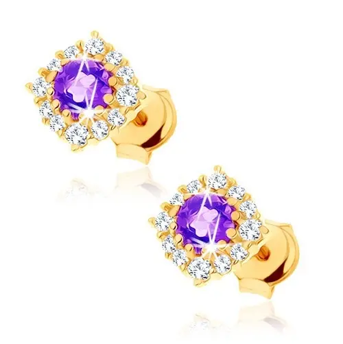Zlaté náušnice 9K s ametystom a čírymi zirkónmi