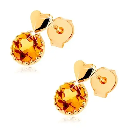Zlaté náušnice 9K so srdcom a prírodným citrínom v okrúhlej obrube