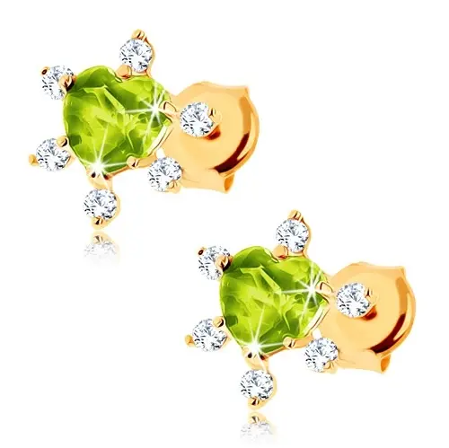 Zlaté náušnice 9K so zeleným srdcom z olivínu a čírymi zirkónmi