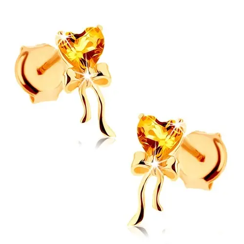 Zlaté náušnice 9K s citrínovým srdcom a lesklou stuhou