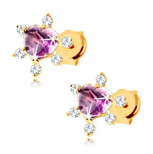 Zlaté náušnice 9K s ametystovým srdcom a zirkónmi