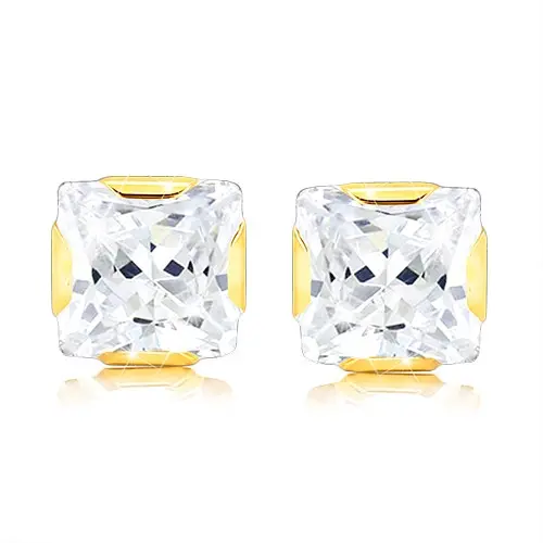 Zlaté náušnice 9K so štvorcovým čírym zirkónom v hladkom osadení