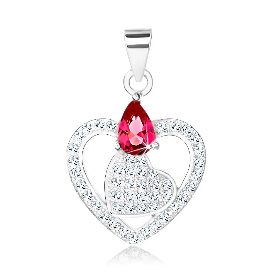 Ródiovaný prívesok zo striebra 925, srdiečko v kontúre, ružovo-červená slza