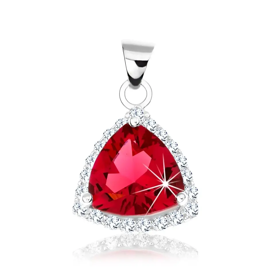 Strieborný prívesok 925, zaoblený trojuholník, červený zirkón, ligotavá obruba