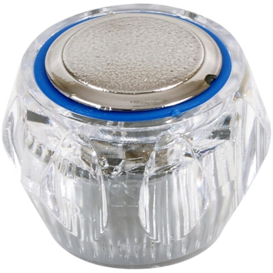 Priehľadný gombík na batériu modrý a červený 15 drážok