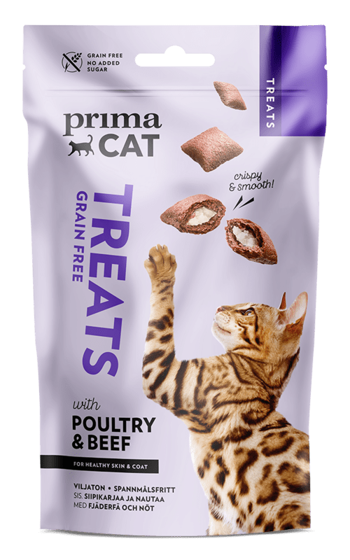 PrimaCat Crunchy Treats Skin & Coat s hydinovým a hovädzím mäsom - 40 g