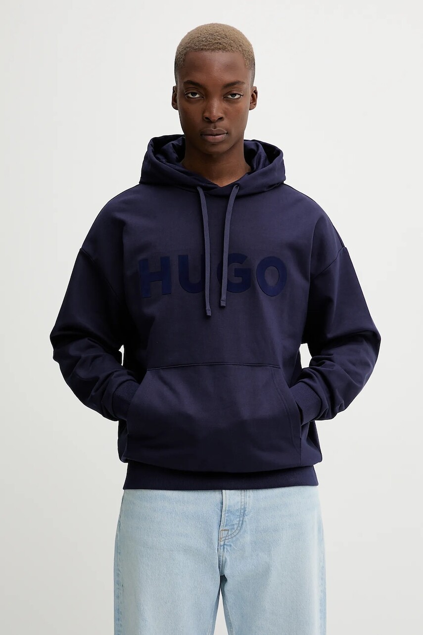 Bavlnená mikina HUGO čierna farba, s kapucňou, s potlačou, 50529090