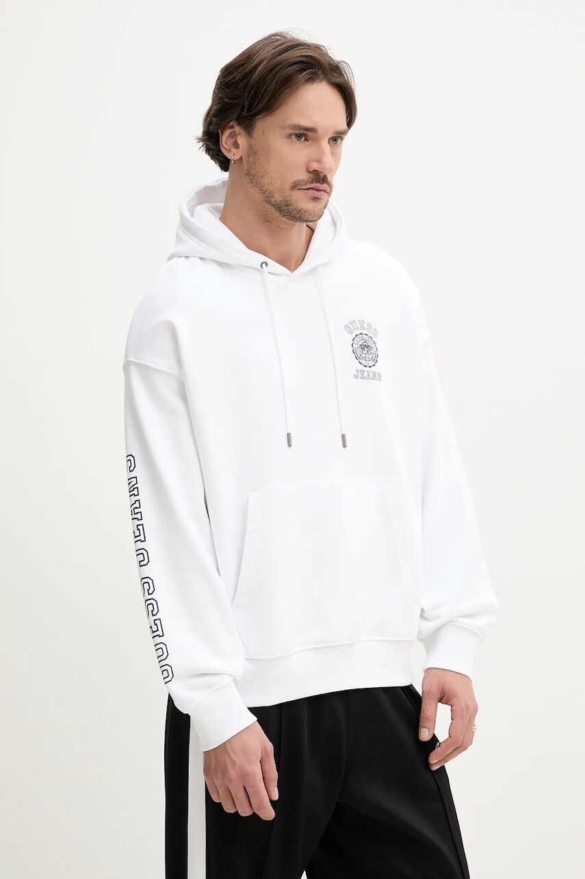 Bavlnená mikina Guess Jeans pánska, biela farba, s kapucňou, s potlačou, M5GQ21 KCPR1