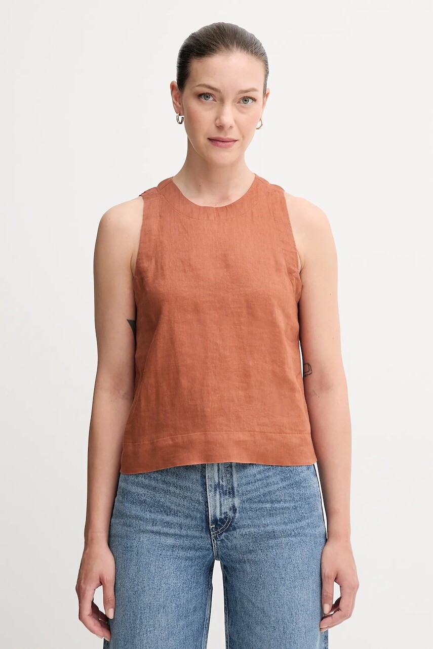 Ľanová blúzka United Colors of Benetton hnedá farba, jednofarebná, 5BMLDQ0BU