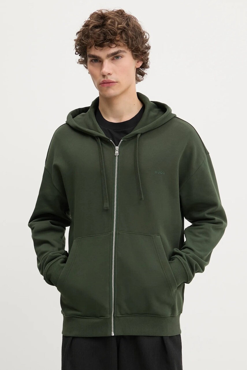 Bavlnená mikina HUGO zelená farba, s kapucňou, s potlačou, 50548651