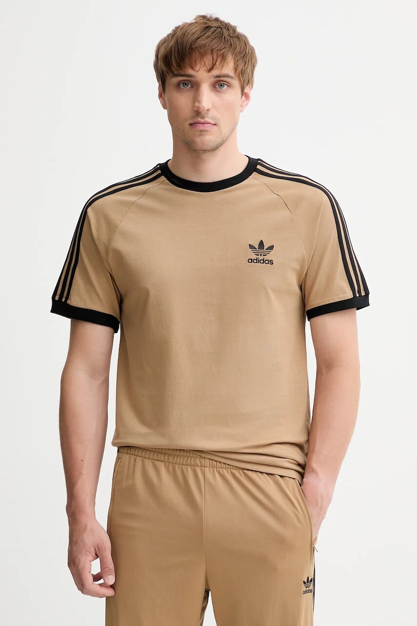 Bavlnené tričko adidas Originals 3-Stripes Tee pánske, béžová farba, s nášivkou, JY1370