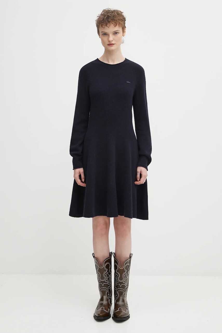 Vlnené šaty Lacoste tmavomodrá farba, mini, áčkový strih, EF4161