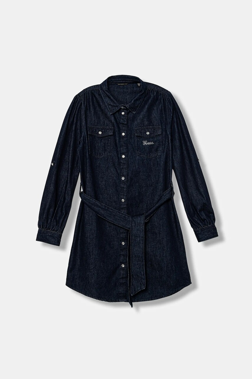 Dievčenské rifľové šaty Guess tmavomodrá farba, mini, rovný strih, J5BK22 D4EU0