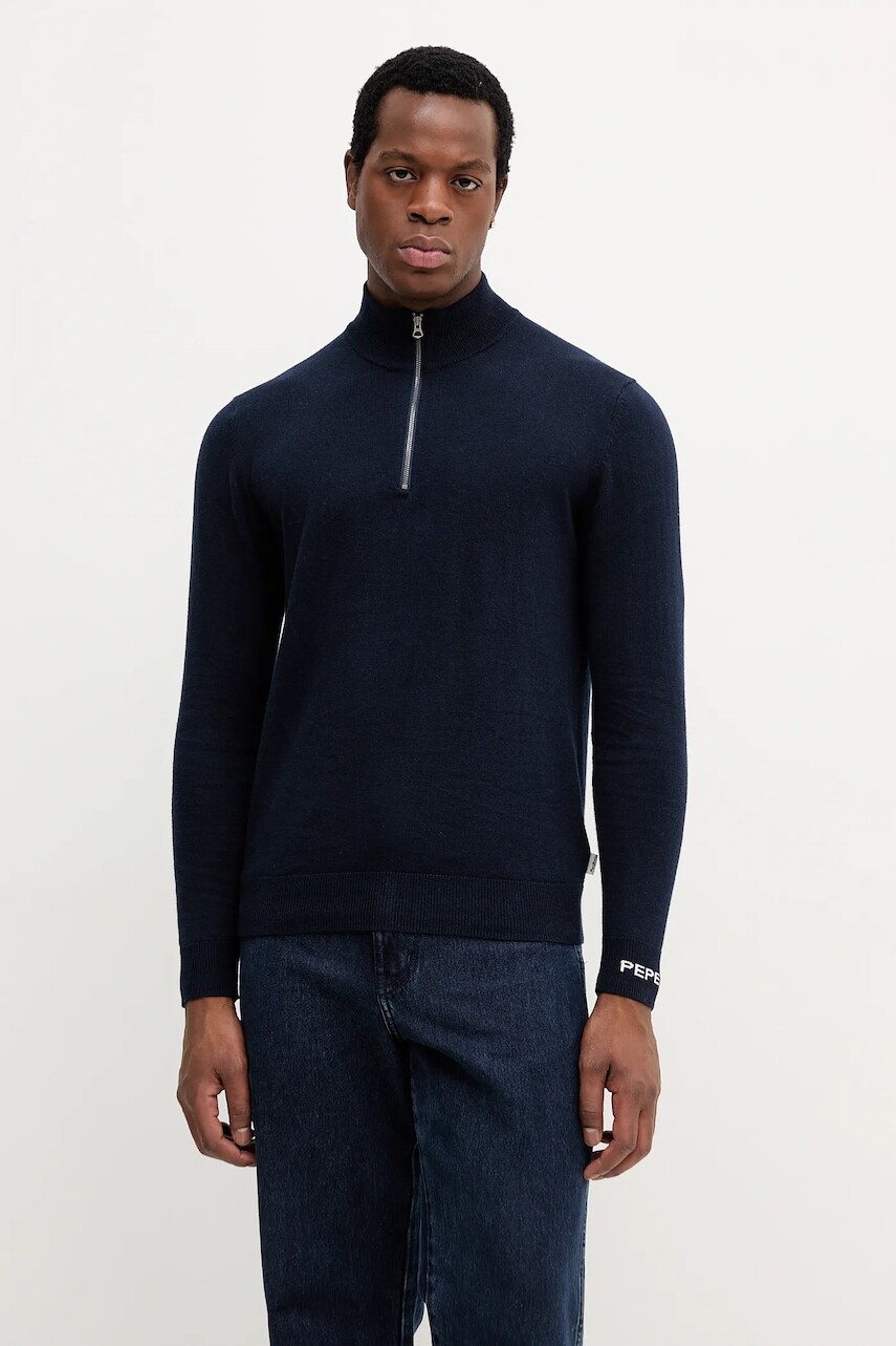 Sveter s prímesou vlny Pepe Jeans tmavomodrá farba, ľahký, s polorolákom, PM7000012
