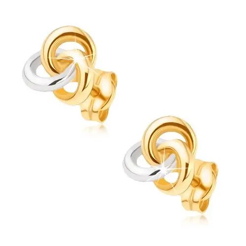 Zlaté 9K náušnice uzol z troch obručí v žltom a bielom zlate