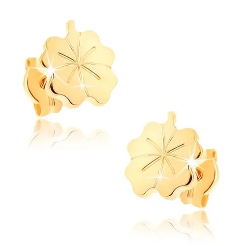 Zlaté 9K náušnice štvorlístok pre šťastie s gravírovaným vzorom