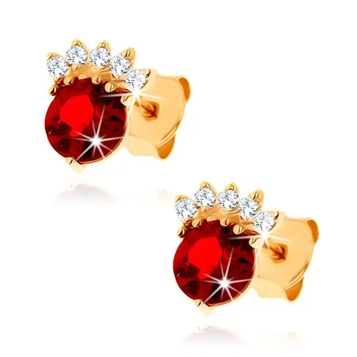 Zlaté náušnice 9K s granátom a zirkónovou korunkou