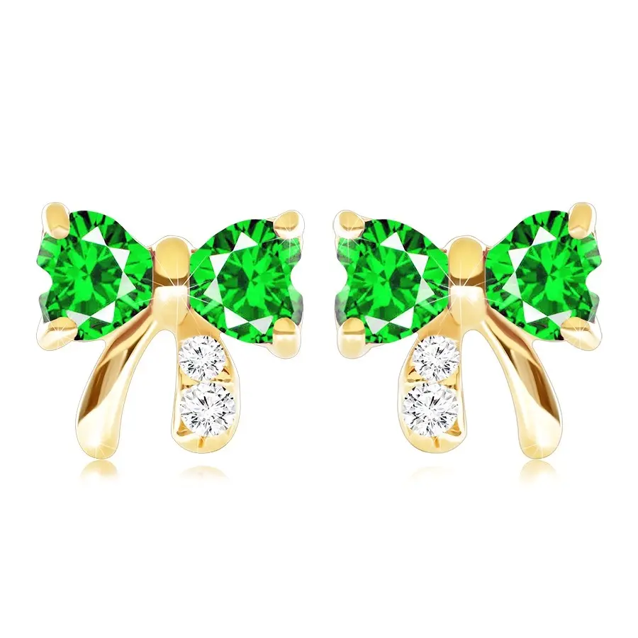 Zlaté náušnice 9K s olivínom v tvare mašle a čírymi zirkónmi