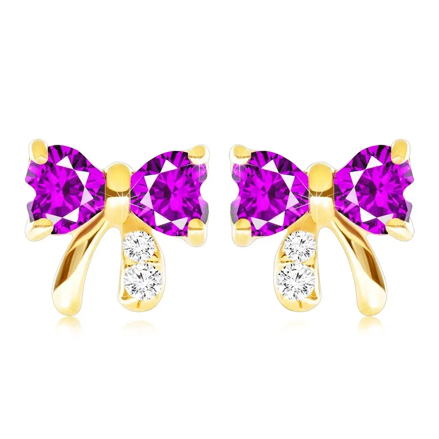 Zlaté náušnice 9K v tvare mašle s fialovým ametystom a čírymi zirkónmi